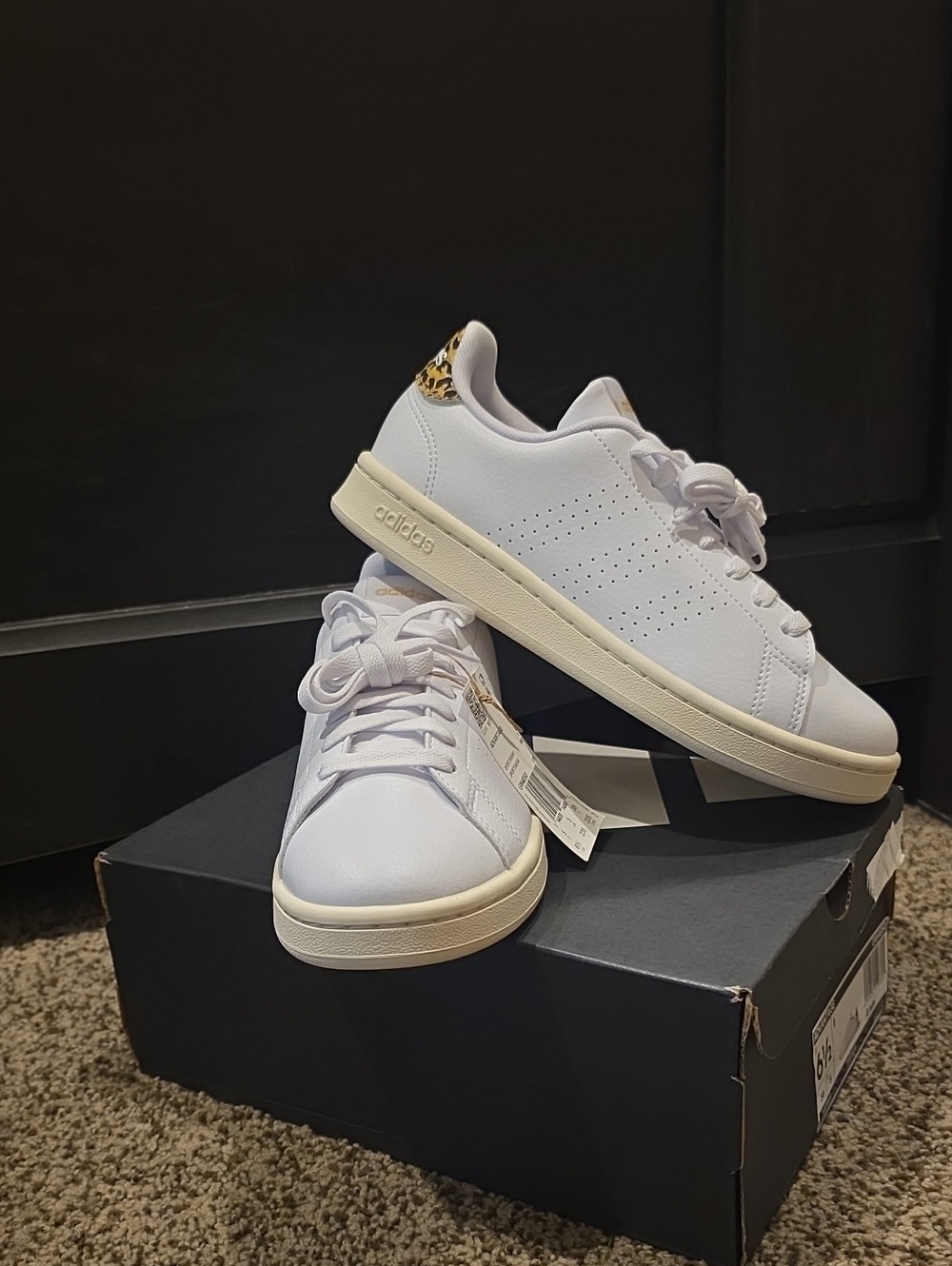 adidas Advantage White Sneakers with Leopard Heel Tab